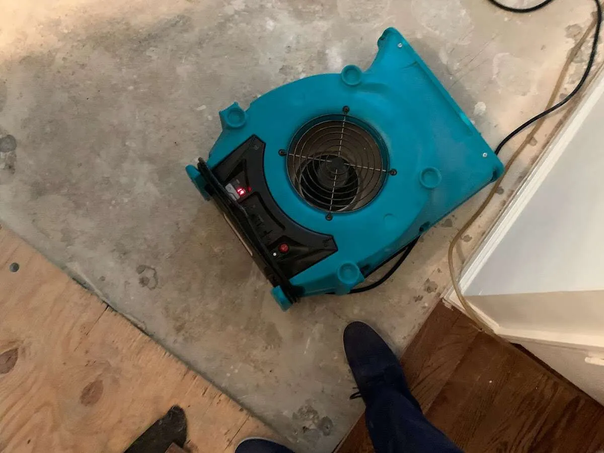 Air mover drying subfloor during Commercial Water Damage Restoration in Larkin